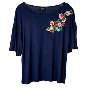 Anthropologie W5 Floral Embroidered Scoop Neck Bell Sleeve Blouse Blue Small